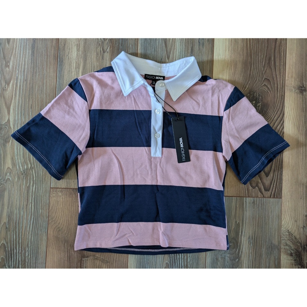Fashion Nova Navy & Pink Striped Short Sleeve Cropped Sporty Era Polo Shirt